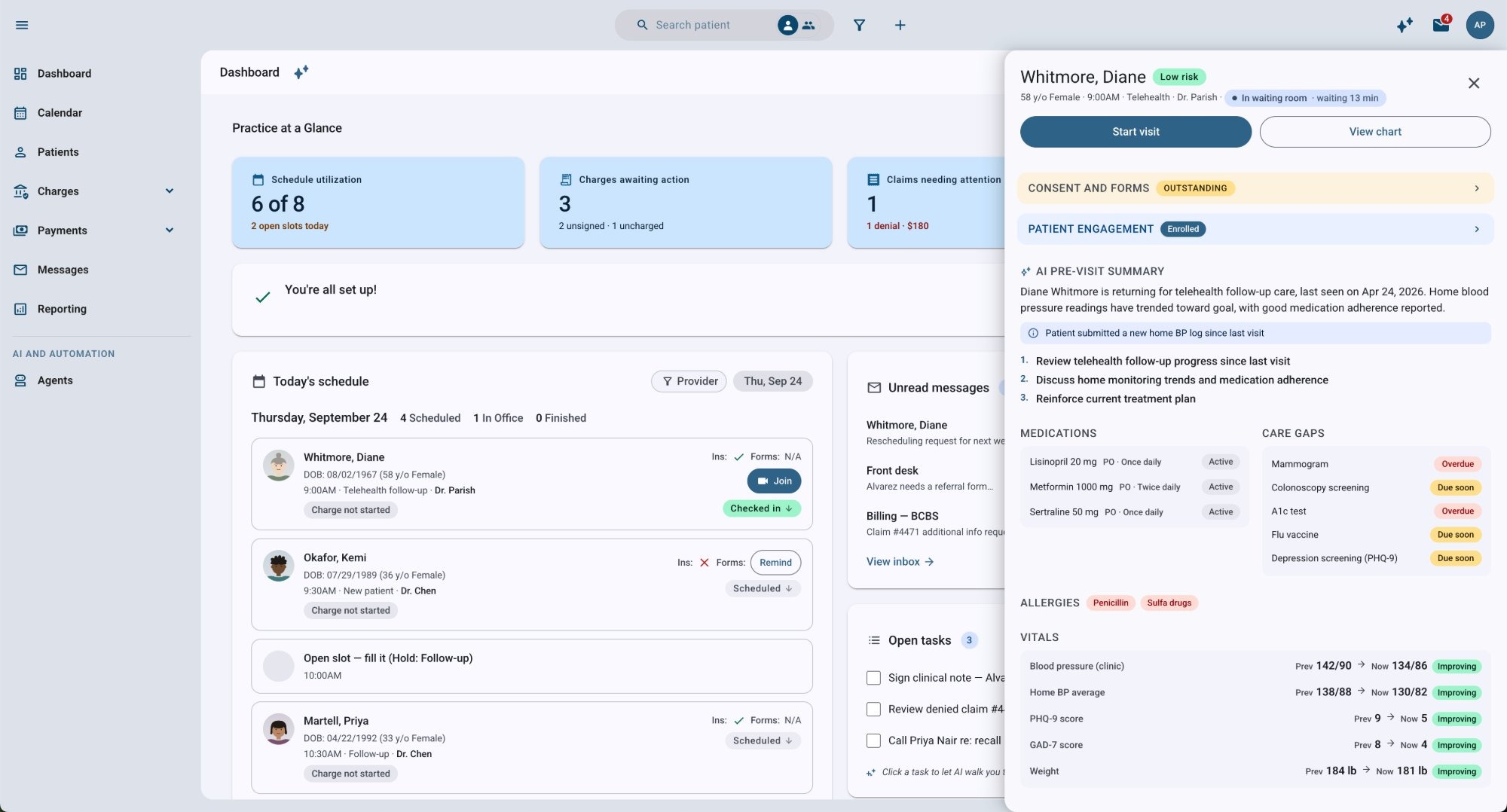 Dashboard with the patient side panel open