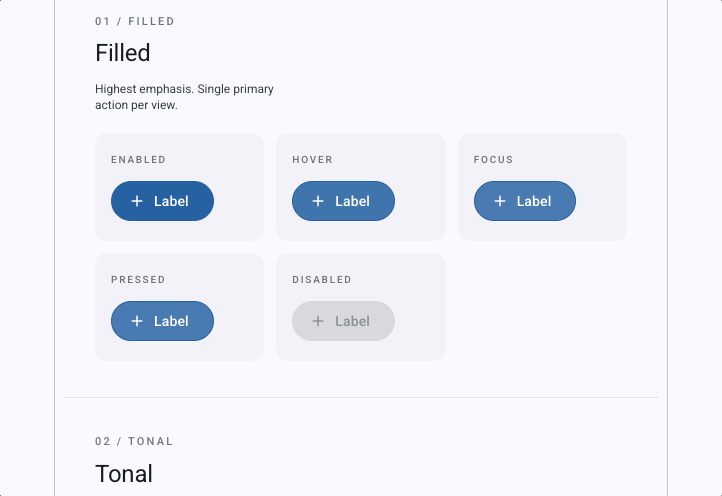 Filled button shown in enabled, hover, focus, pressed, and disabled states