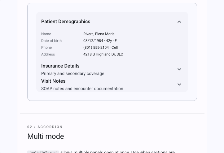 Expansion panels showing patient demographics, insurance details, and visit notes