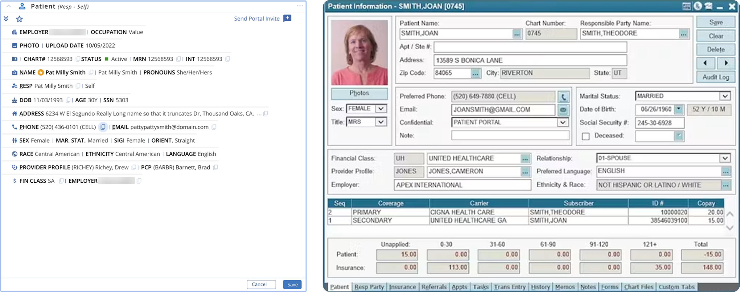 Approved card-based Patient demographics design beside the legacy Patient Information screen