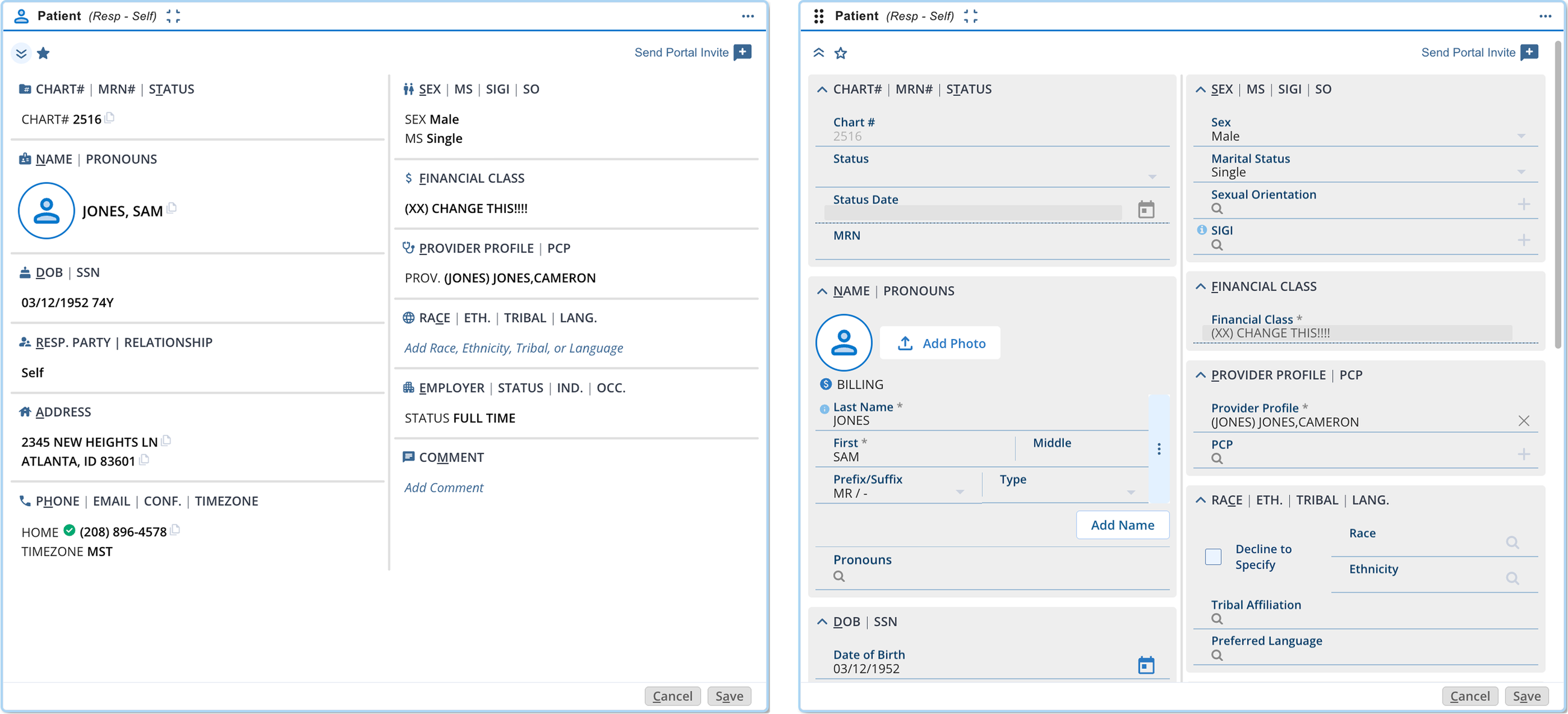 Final two-column Patient card in view and edit states