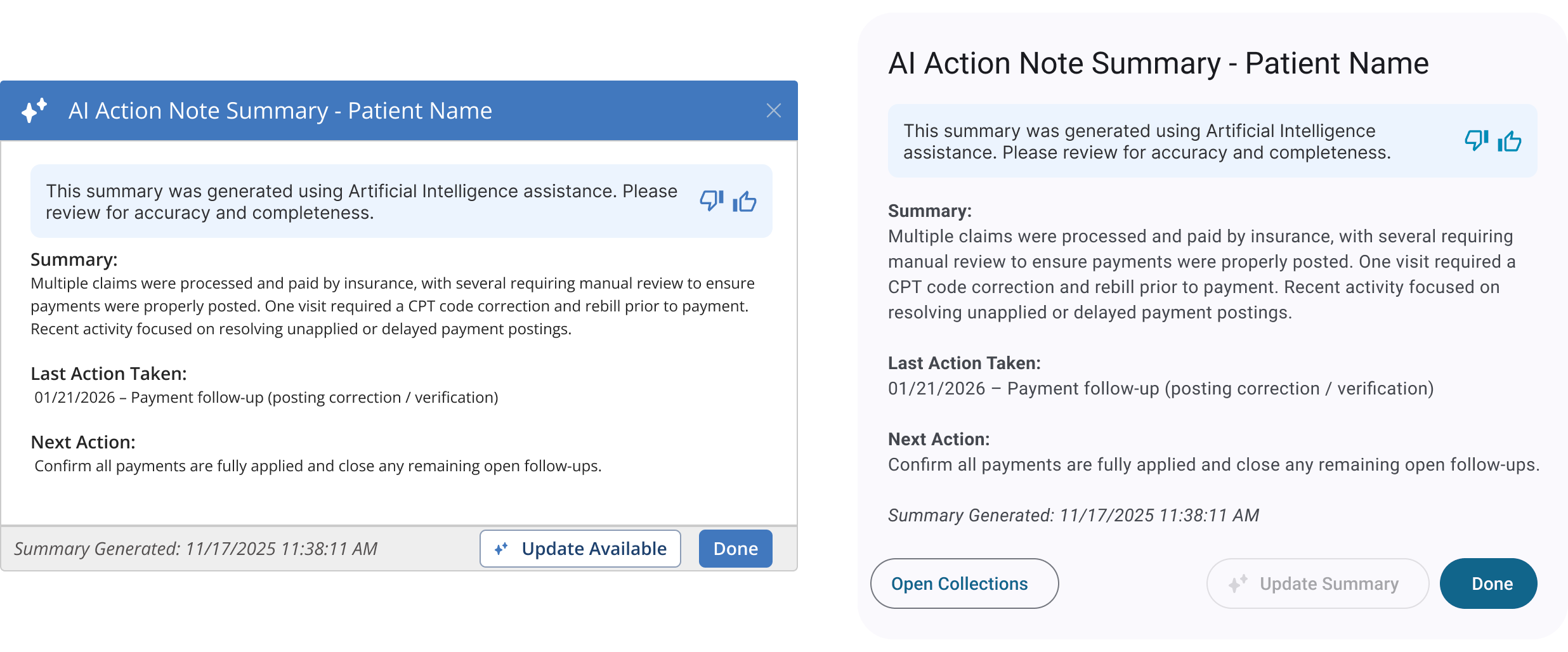 AI Action Note Summary dialog before and after the Material 3 upgrade