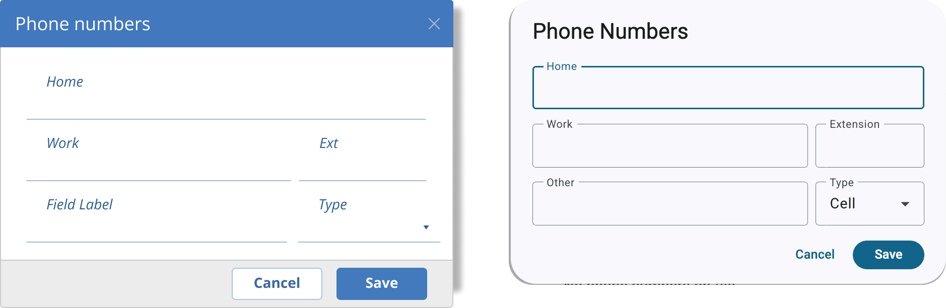 Phone Numbers dialog before and after the Material 3 upgrade