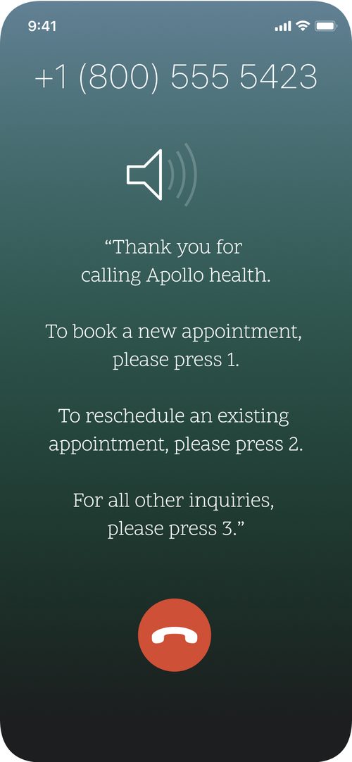 Phone call screen with a menu to book, reschedule, or ask a general question