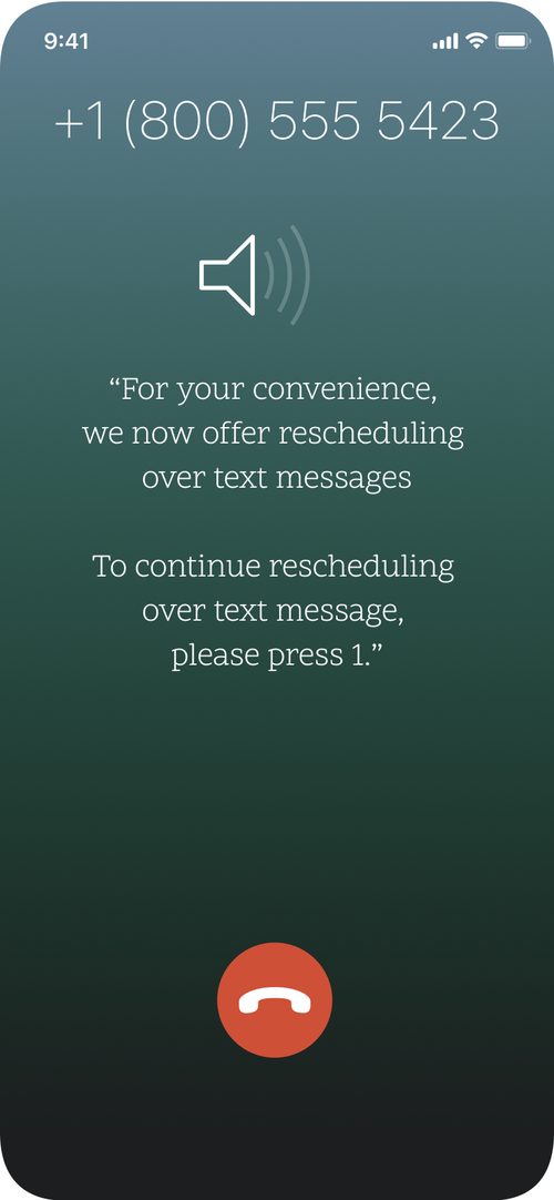 Phone call screen offering to continue rescheduling over text