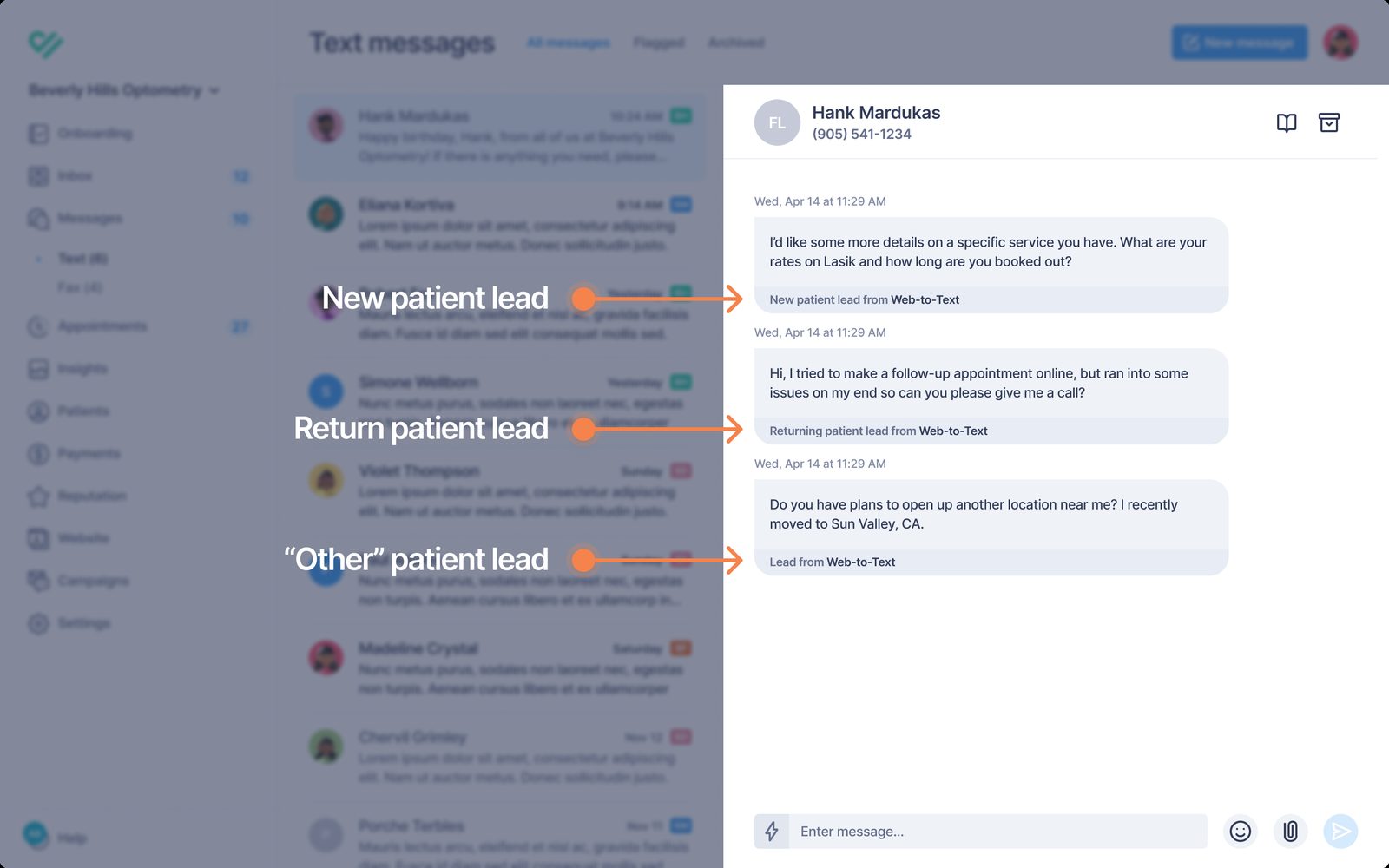 Inbox conversation showing new patient, returning patient, and other leads labeled as coming from Web-to-Text