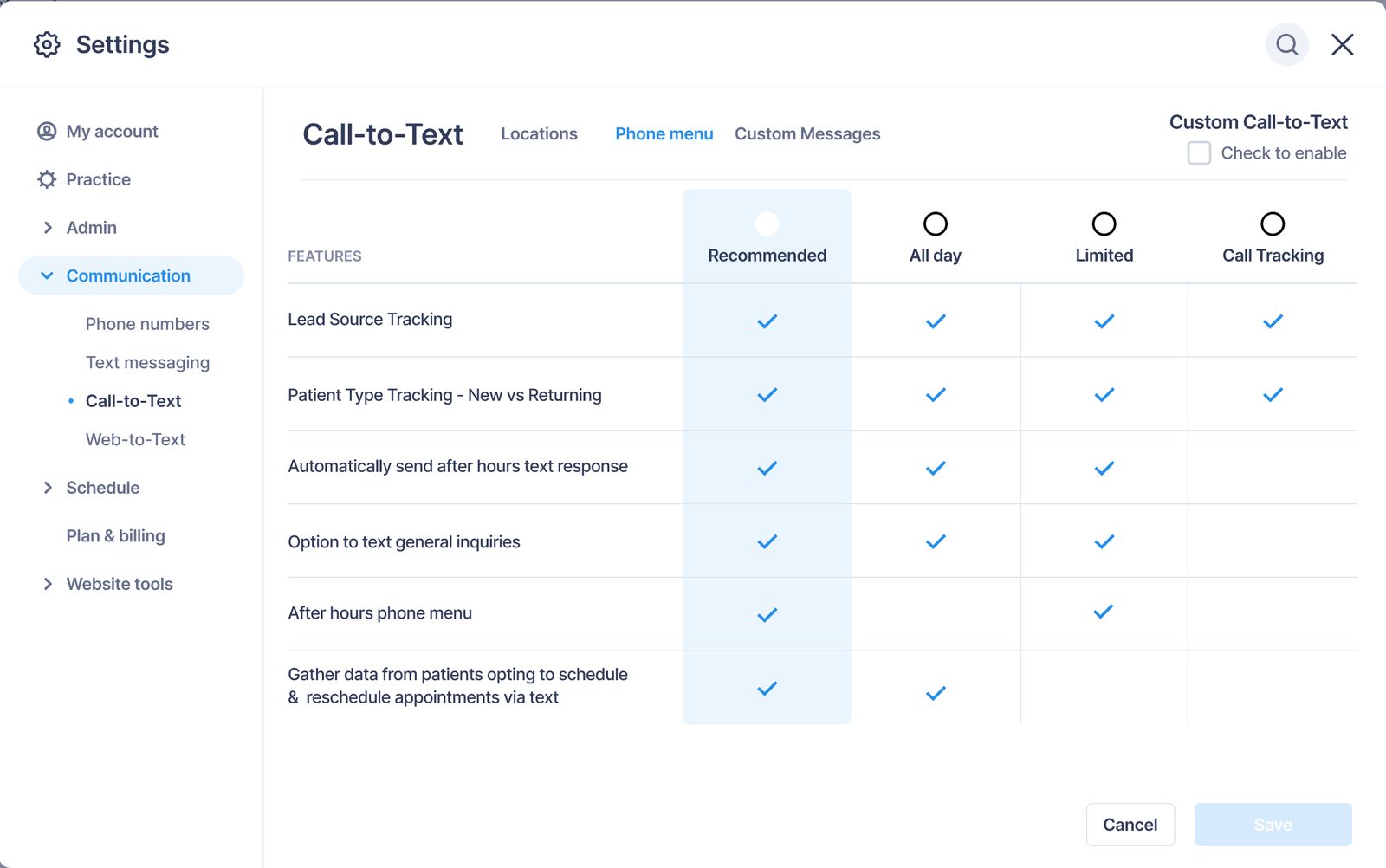 Call-to-Text settings comparing Recommended, All day, Limited, and Call Tracking phone menus