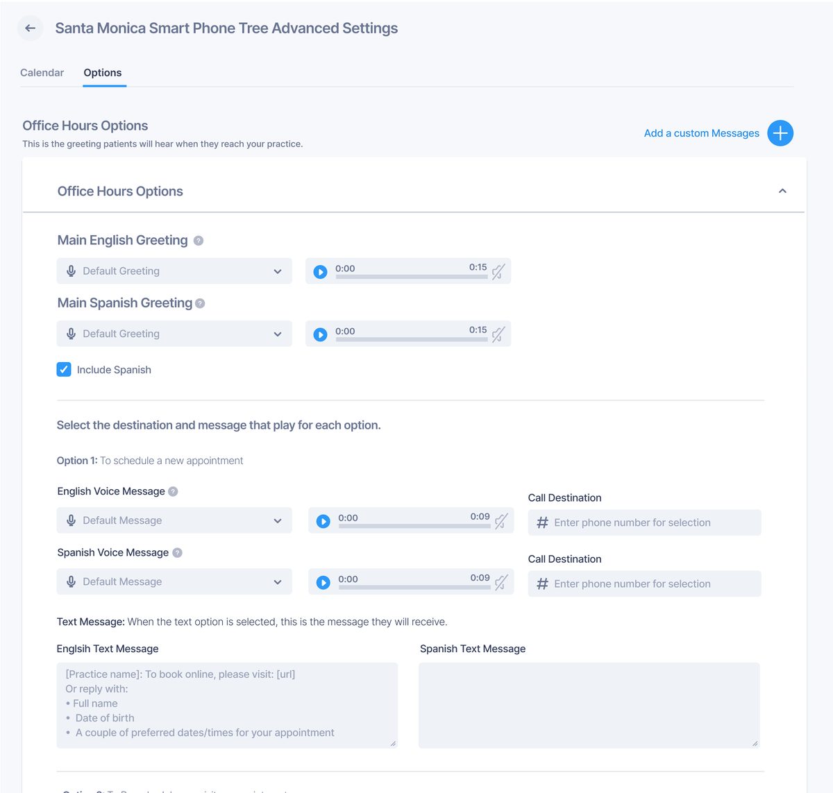 Phone tree settings with English and Spanish greetings, and a voice message, call destination, and text message for each option