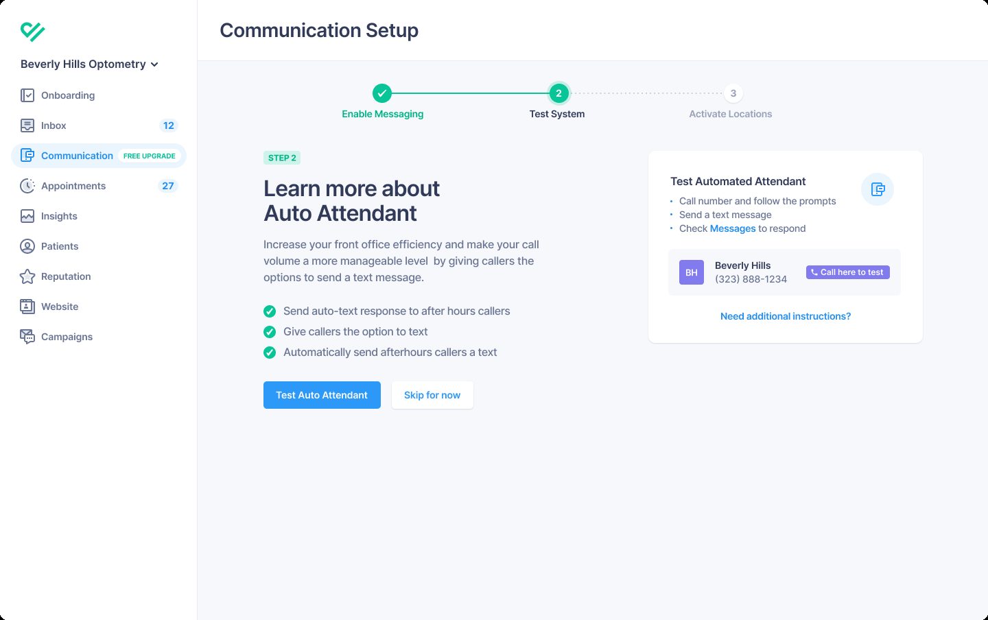 Step 2: Test the auto attendant by calling the practice's number