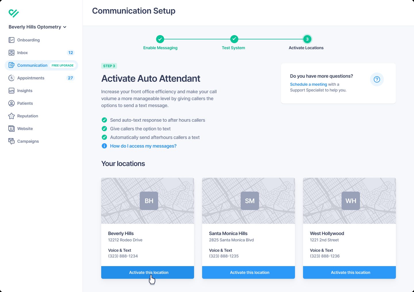 Step 3: Activate auto attendant for each location, with each location's voice and text number