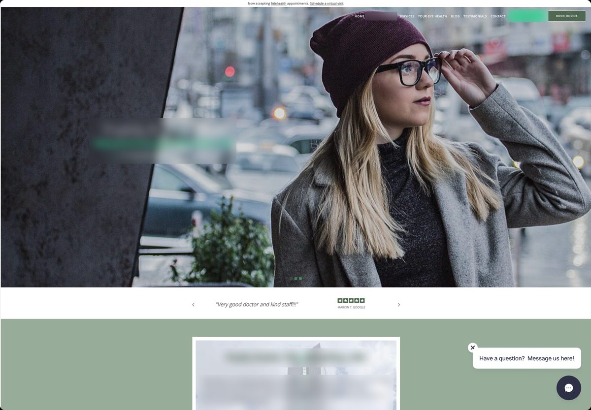 Practice website with a Message us here prompt in the corner