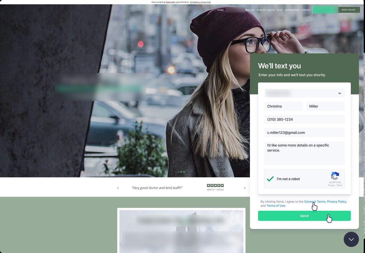 Web-to-text form with location, name, phone, email, and message filled in