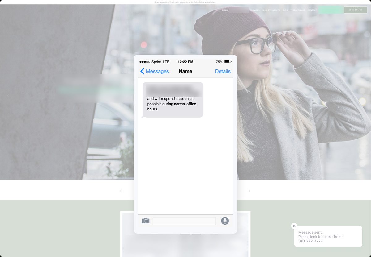 Text message from the practice confirming it received the visitor's message