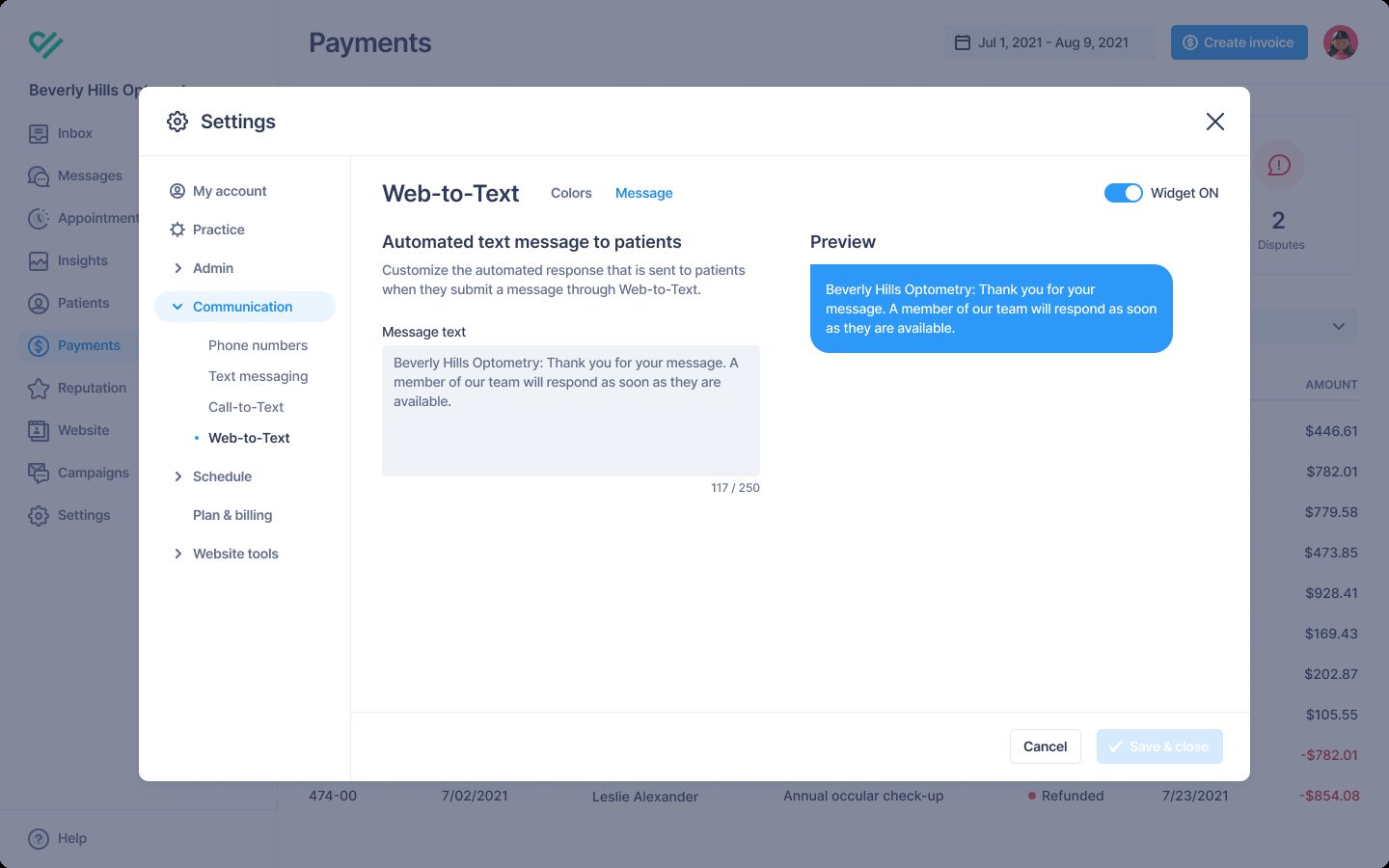 Web-to-Text settings with a widget on/off switch and a customizable automated reply