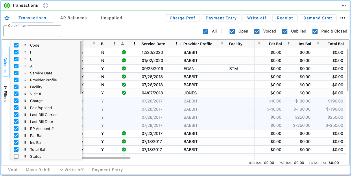 New Transactions card with the column customization panel open