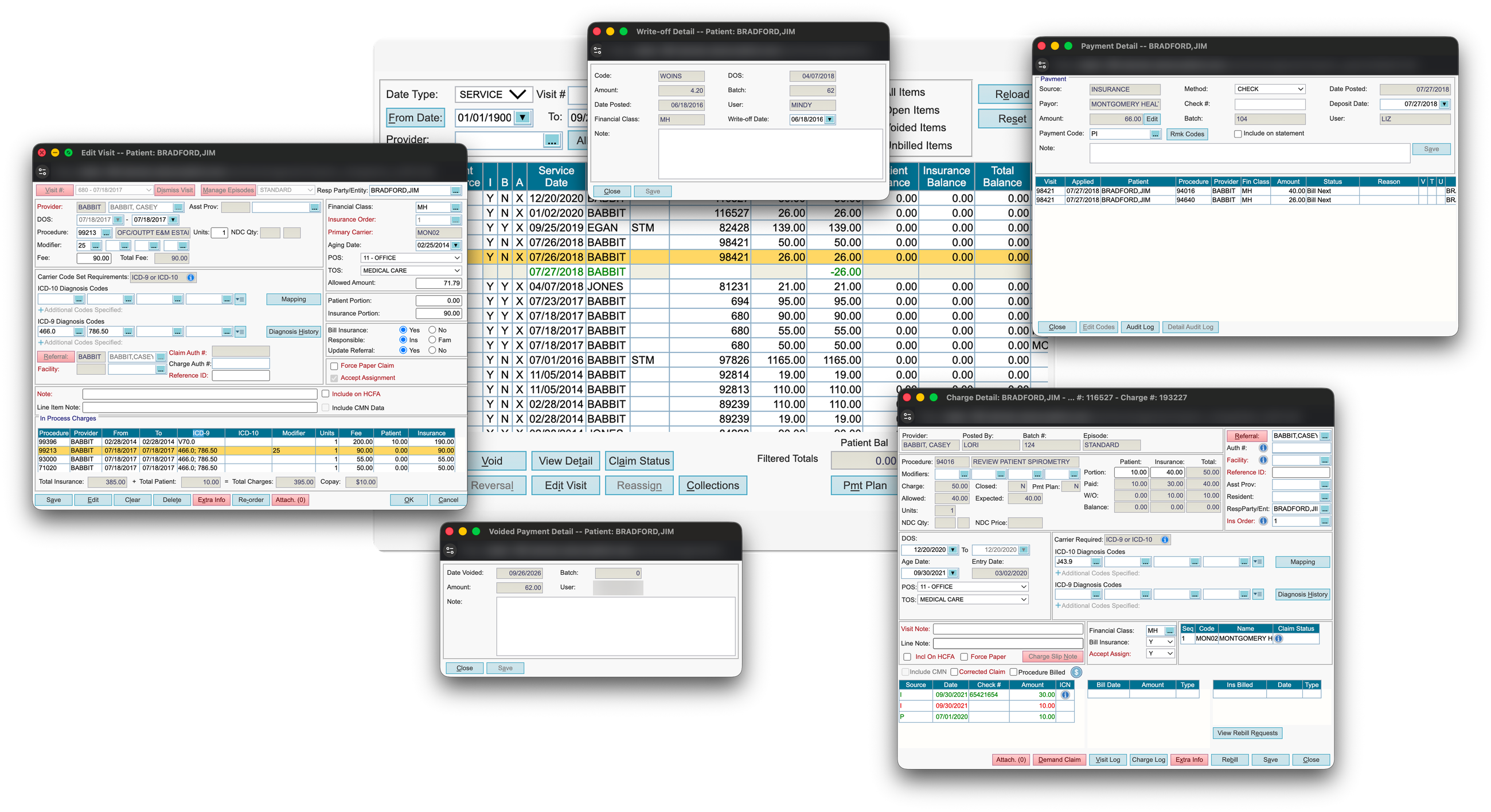 Legacy Patient Transaction History with its pop-up detail windows