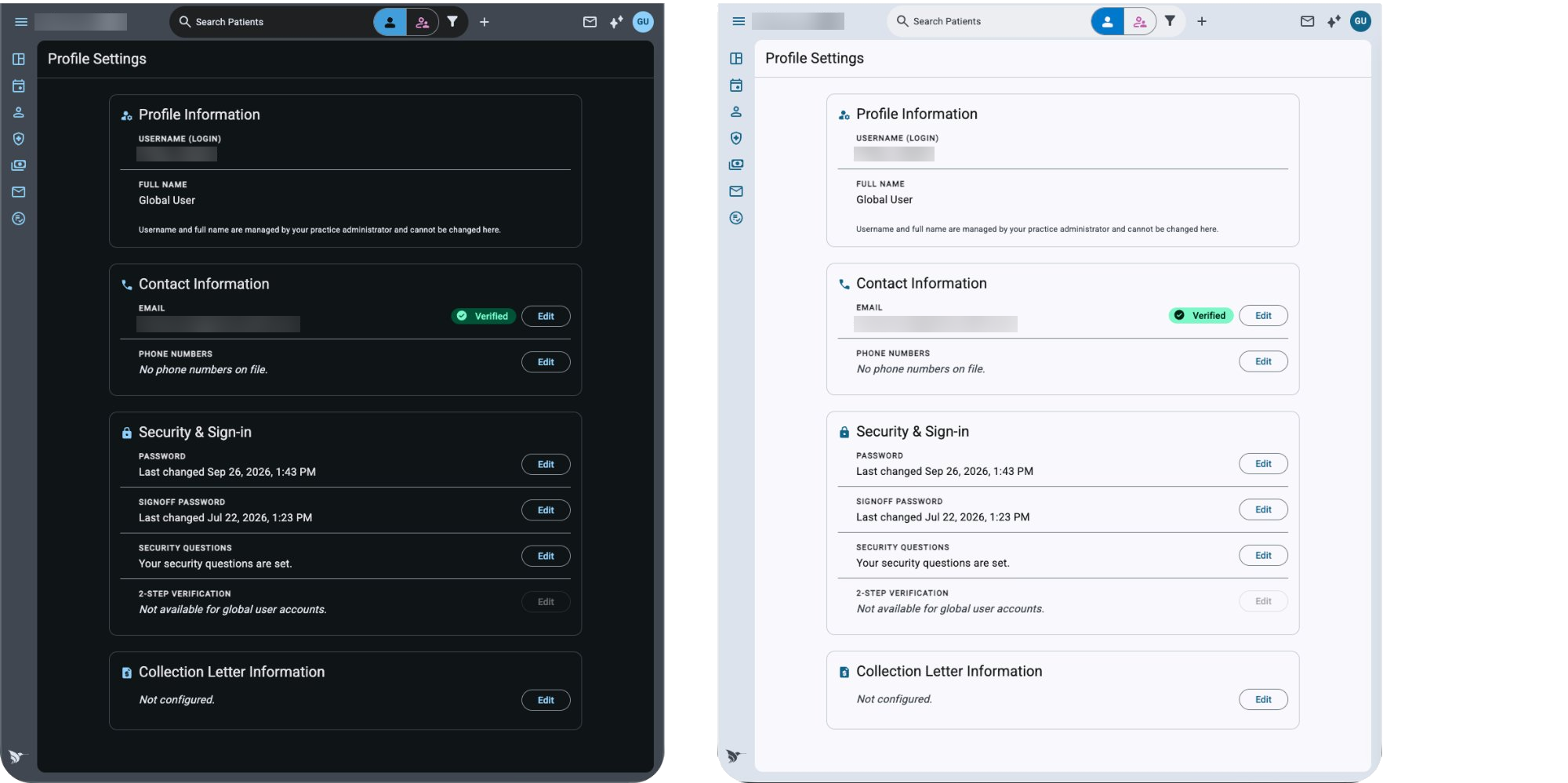 Profile Settings in dark mode and light mode